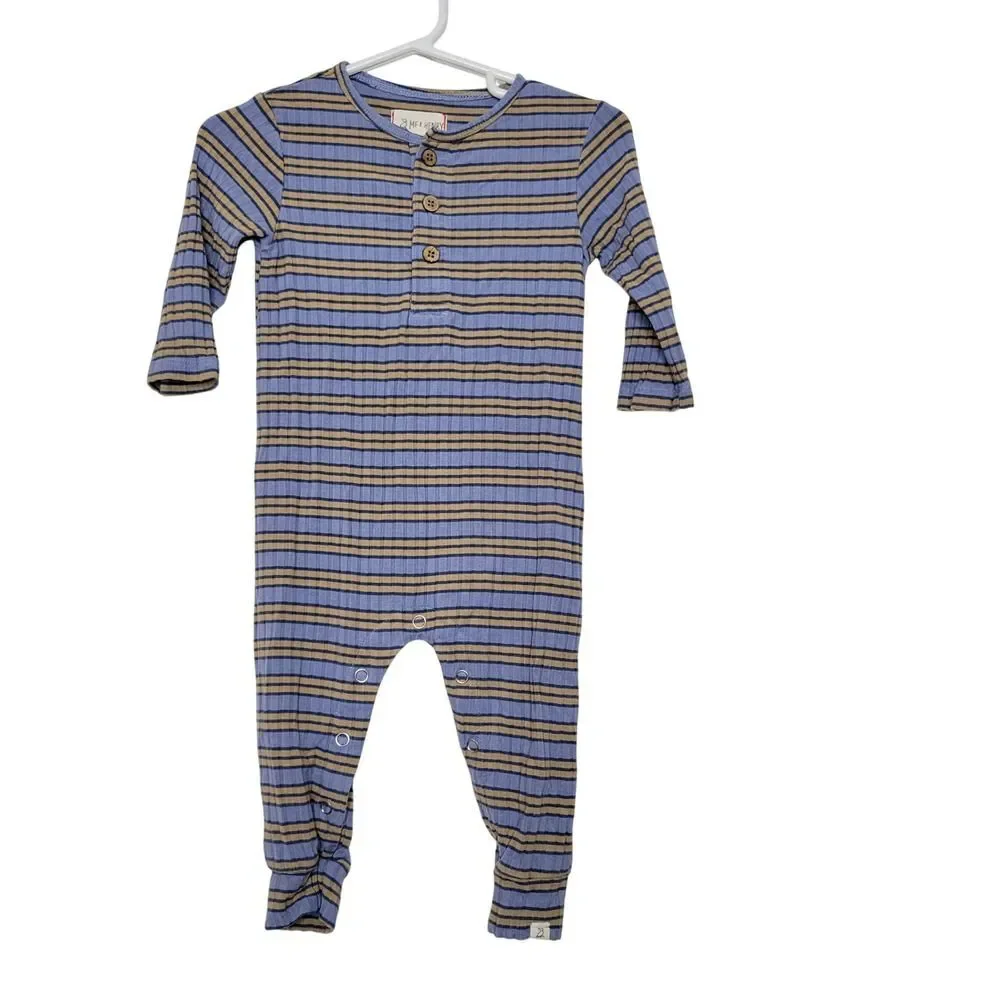 Me & Henry Ribbed Striped Romper 3/6M Baby Blue Tan Jumpsuit Footed Bodysuit